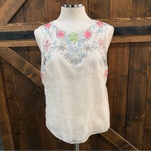 LEON MAX 100% Silk Floral Beaded Cream Colored Tank Size 10